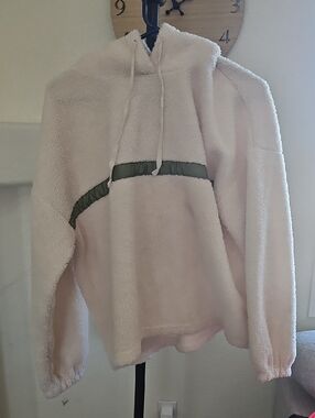 Womens World Market Cozy Plush Hooded Pullover with Olive Trim - Off White